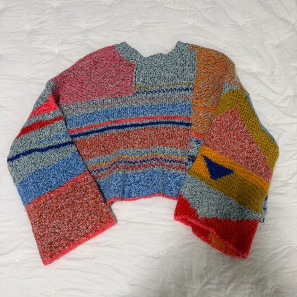 Multicolor Patchwork Knit Sweater - Colorful Striped Design - Picture 2 of 3